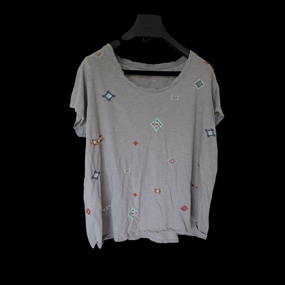 Lucky Brand Aztec Gray Embroidered Geometric Boho Scoop Neck Tee Shirt Womens 2X